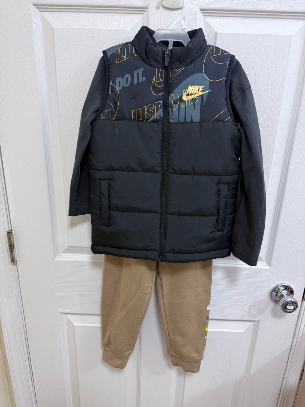 Nike Black Puffer Jacket w/Matching Black Shirt & Tan Joggers, Size 5